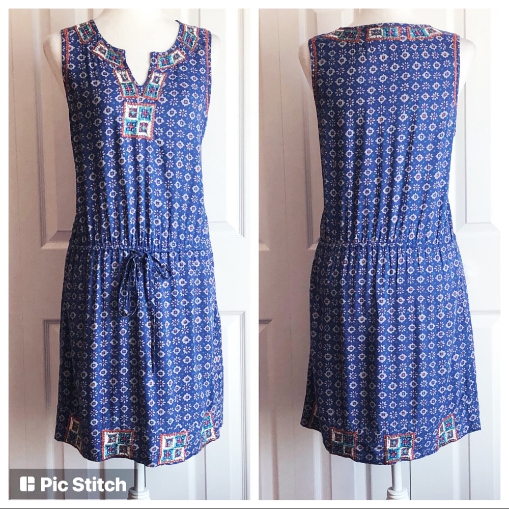Irving & Fine for Lucky Brand Boho Blue Embroidered Print Dress Medium